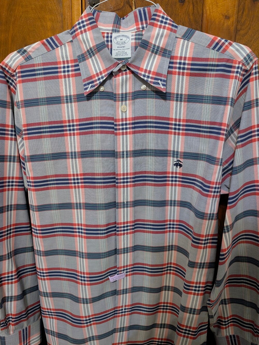 Brooks Brothers Plaid Dress Shirt in Blue/Grayish and Light Red Size Men's Med.